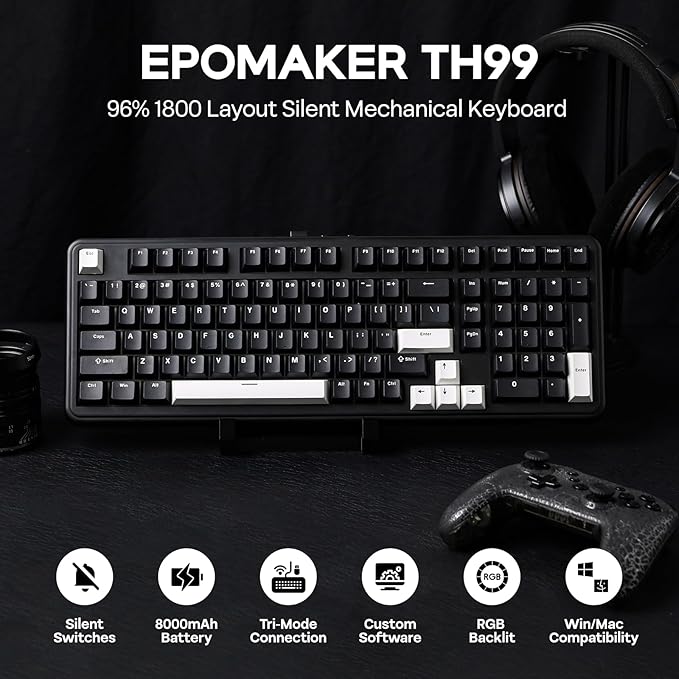 EPOMAKER TH99 Wireless Mechanical Keyboard with Lubed Silent Switch, Quiet Gaming Keyboard, 8000mAh,Creamy Gasket,RGB Backlit,Numpad,PBT Keycap,Hot Swappable,for Gamers/Office (Black)-DeskLoop Office