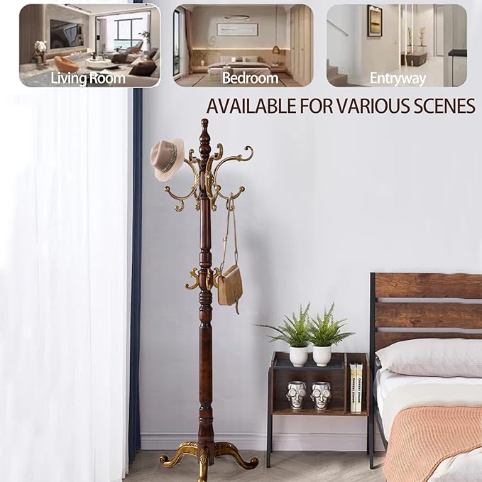 Wooden Coat Racks, Retro 78" Coat Tree with 12 Hooks & Stable Triangular Base, Entryway Coat Rack Freestanding for Hat, Clothes, Scarves, Handbags, Umbrella (Vintage)-DeskLoop Office