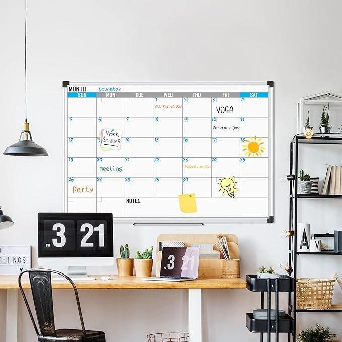 XBoard Magnetic Calendar Whiteboard 36" x 24" - Monthly Calendar Dry Erase Board, Reusable Colorful Calendar Board, Silver Aluminium Framed Monthly Planning Board
