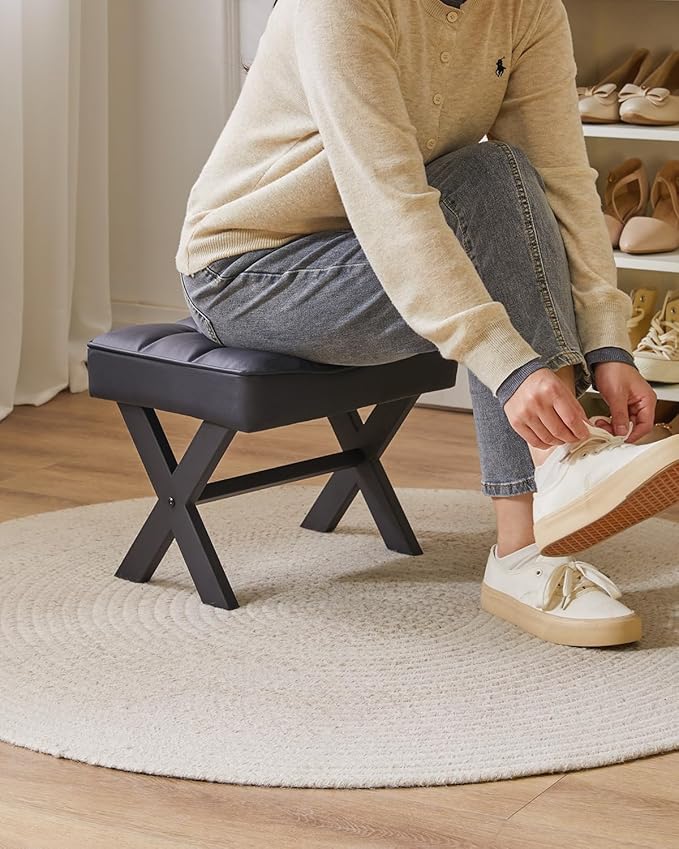 IBUYKE Small 12" H Footrest Stool, Square PU Foot Stool with Metal X-Leg, Multi-Use as Small Side Table, Step Stool for Living Room, Bedroom, Entryway, Office, Black WBD012B-DeskLoop Office
