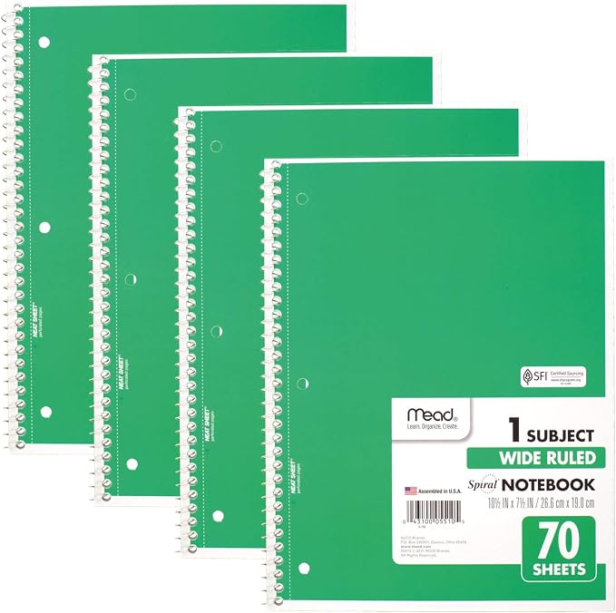 Mead Spiral Notebooks, 1 Subject, Wide Ruled Paper, 70 Sheets, 10-1/2 x 7-1/2 by Mead