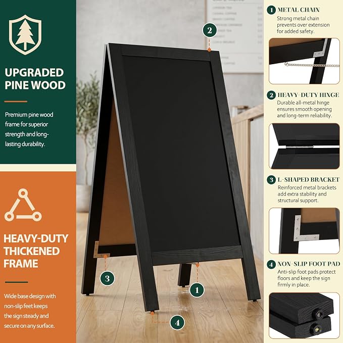 4 THOUGHT A-Frame Double-Sided Magnetic Chalkboard 40"x20", Solid Pine Wood - Image 4