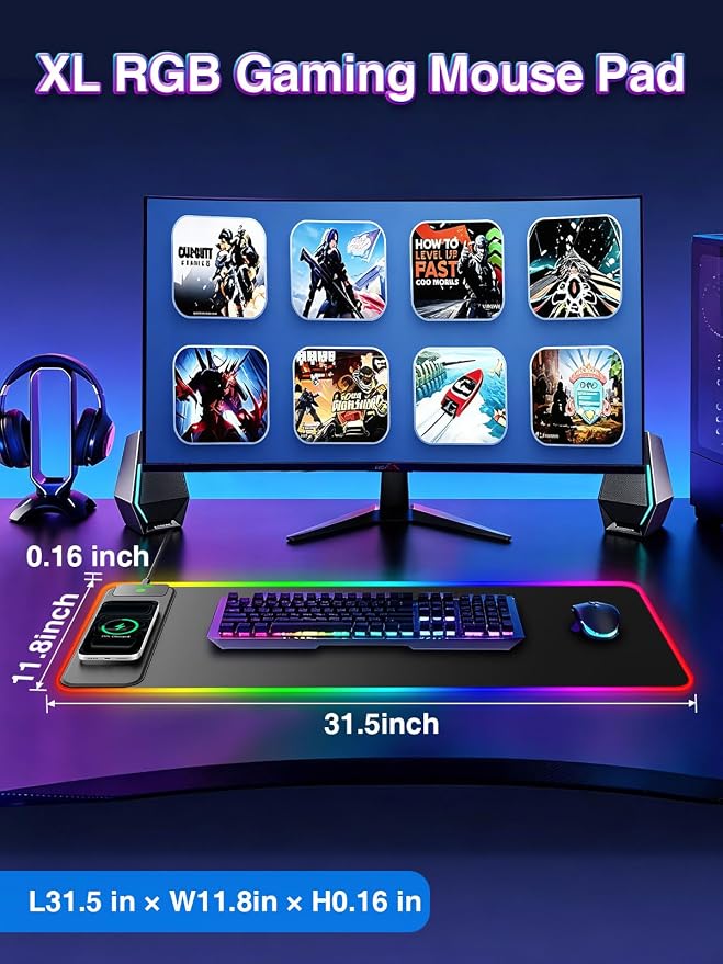 XL RGB Gaming Mouse Pad with 15W Magnetic Wireless Charging, 31.5'' x 11.8'' - Image 3