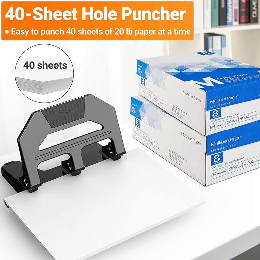 AFMAT Heavy Duty 3 Hole Puncher, 40-Sheet Paper Punch Heavy Duty, 50% Reduced - Image 3