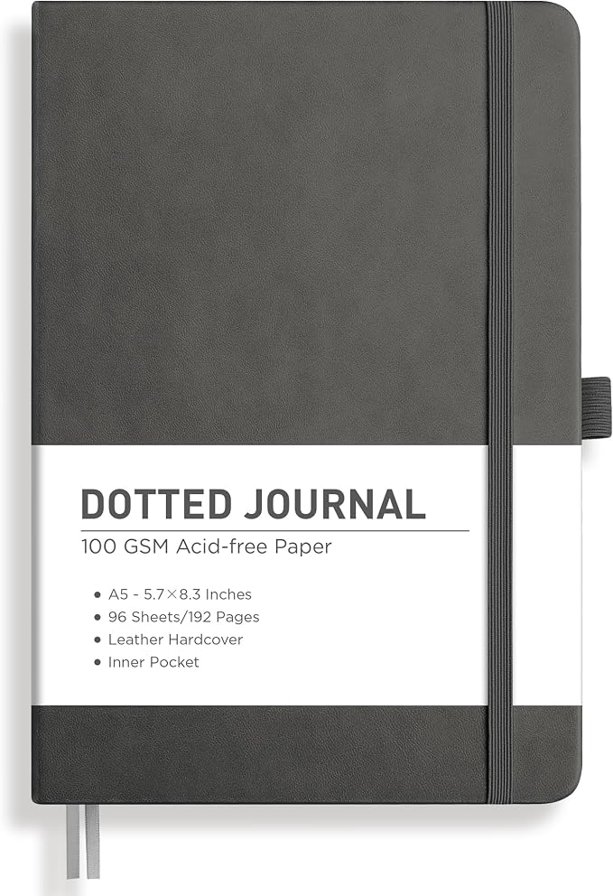 RETTACY Dotted Journal Notebook, 192 Pages, A5 Medium Size, Leather Hardcover by RETTACY