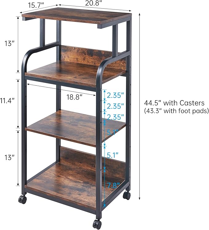 4-Tier Printer Stand with Adjustable Storage Shelf, Large Tall Printer Table with Wheels for Home Office Small Spaces Organization, Rustic Brown-DeskLoop Office