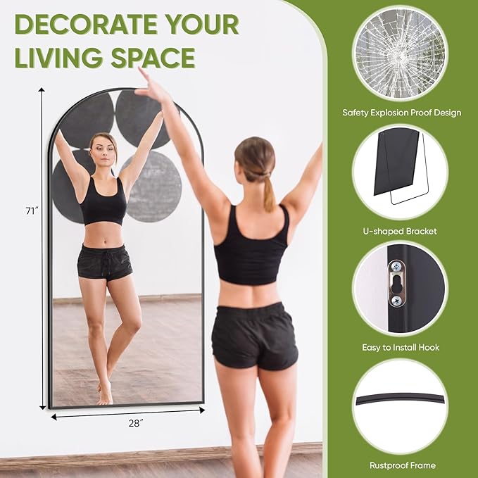 Full-Length Floor Mirror with Stand, 71"x28" Arched Style Full Body Standing Mirror for Bedroom, Living Room, Gym, Dorm - Shatter-Resistant & Easy Assembly, Black-DeskLoop Office