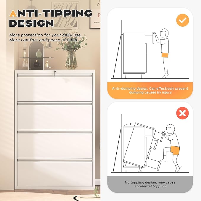 Superday Lateral File Cabinet 4 Drawer Metal File Cabinet with Lock, White Filing Cabinets for Home Office, Locking Filing Cabinets Hanging Files Letter/Legal/F4/A4-DeskLoop Office