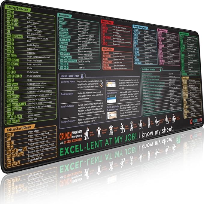 Pixiecube Excel Cheat Sheet Desk Pad | Excel Shortcut Keys Mouse Pad | Extended by PIXIECUBE