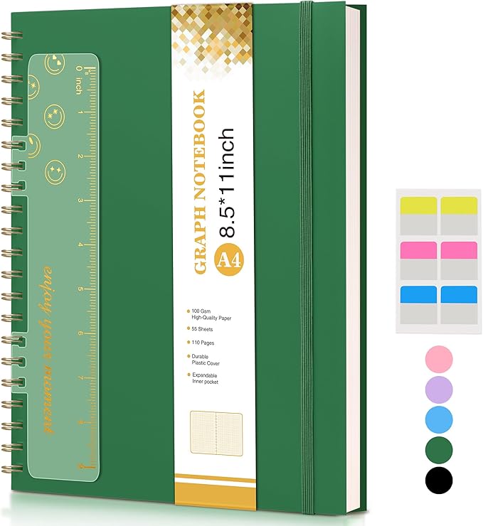 Graph Paper Notebook, Spiral Notebook Journal 8.5” x 11”, A4 Large Grid Notebooks for Women Men, 100 GSM Graph Paper, Plastic Hardcover Spiral Graphing Journals for Work School Engineerin, Green-DeskLoop Office