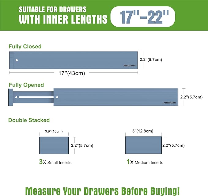 ANTOWIN Bamboo Drawer Dividers, Expandable Drawer Separators Splitter,17-22 inches Long Adjustable Spring-loaded Organizer for Large Utensil, Clothes, Tools Drawers (Blue)-DeskLoop Office