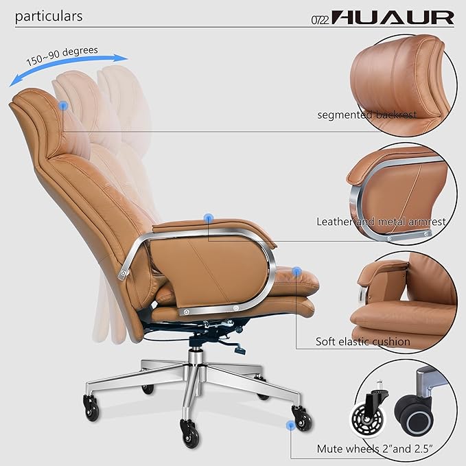 Genuine Leather Modern Executive Chair High-Back Support 90 to 150 Degrees Tilt and Upholstered Home Desk Chair with Base 400LB Capacity Swivel Computer Office Chair (Orange)-DeskLoop Office