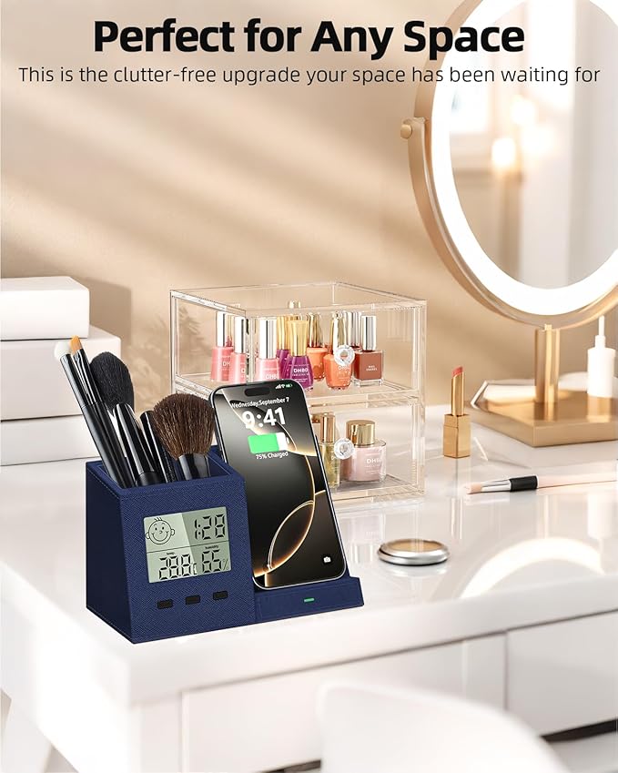 3-in-1 Wireless Charger with Pen Holder, Desk Clocks with Temperature and Humidity, Compatible with iPhone 16/15/14/13/12/11/8Series, Pencil Holder for Desk Home Office, Men Gift Idea Gadget, Blue-DeskLoop Office