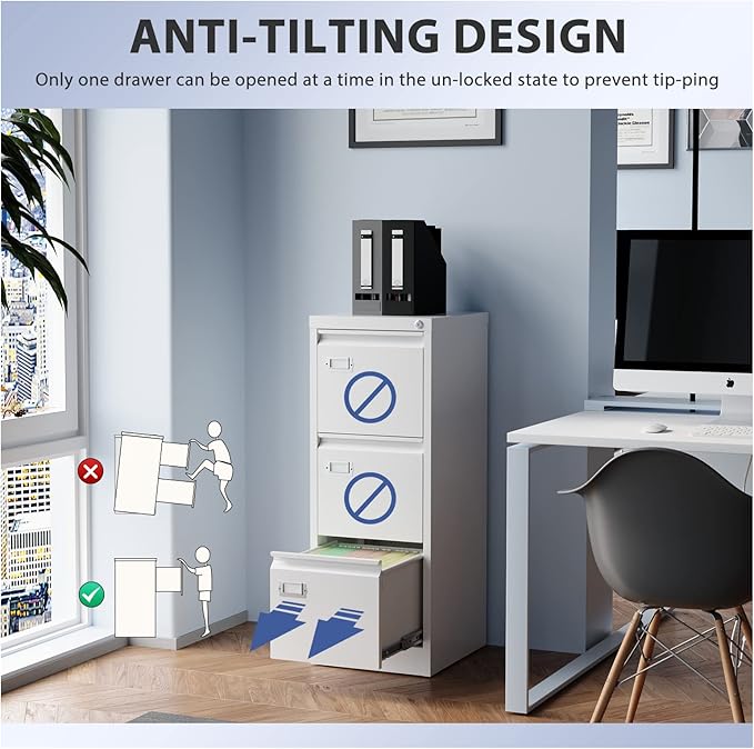 3 Drawer File Cabinet, Filing Cabinets for Home Office, Metal Vertical File Storage Cabinet with Lock, Locking File Cabinet for A4 Legal/Letter, 15" W x 17.7" D x 38.6" H, Assembly Required-DeskLoop Office