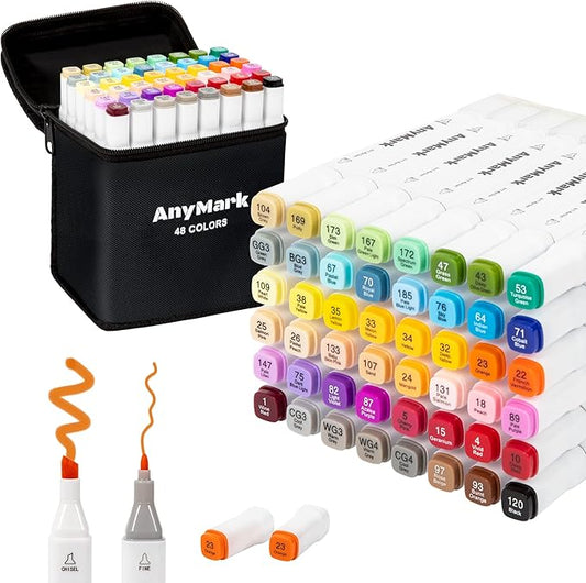AnyMark Alcohol Markers, 48 Colors Dual Tip Art Coloring Markers Set by AnyMark