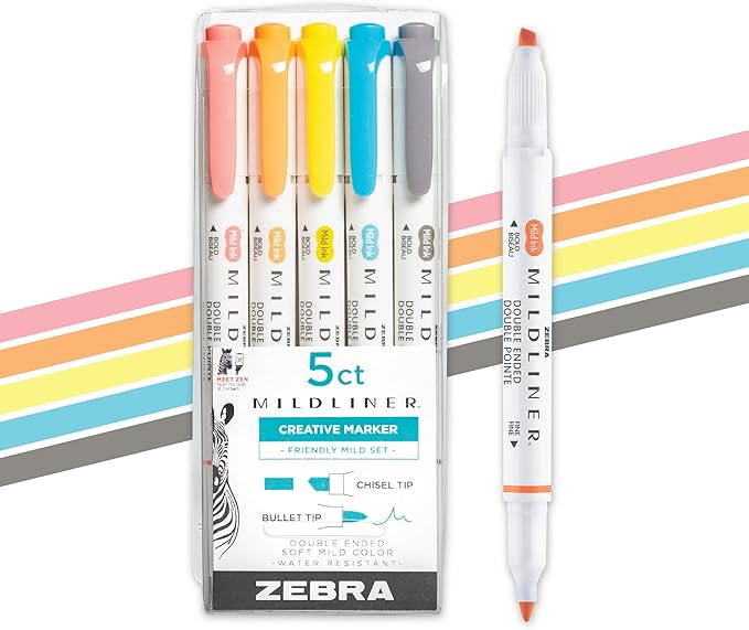 Zebra Pen Mildliner Dual-Tip Highlighter Set, Broad and Fine Tips, No Bleed by ZebraPen