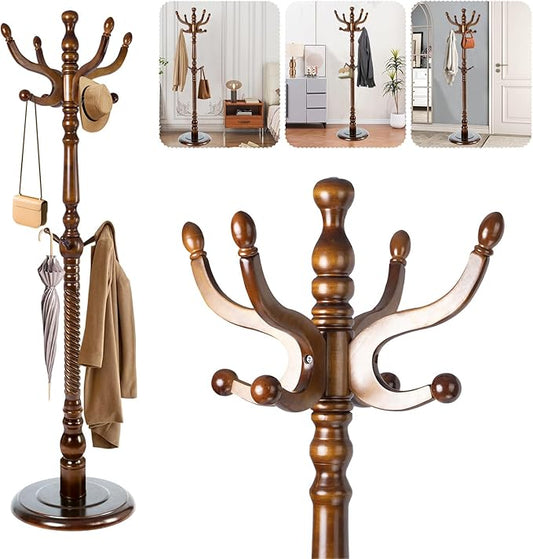 Solid Wood Coat Stand, Freestanding with Stable Base, 70" Birch Coat Tree Organizer for Home, Bedroom, Office, Hallway & Entryway with 11 Hooks-DeskLoop Office