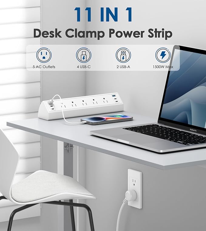 Jgstkcity Desk Clamp Power Strip USB C,40W Total Fast Charging Station,4 PD 20W USB C Ports,Desk Edge Mount Surge Protector,5 Outlets,Fit 1.96" Tabletop Edge,ETL Listed,White-DeskLoop Office