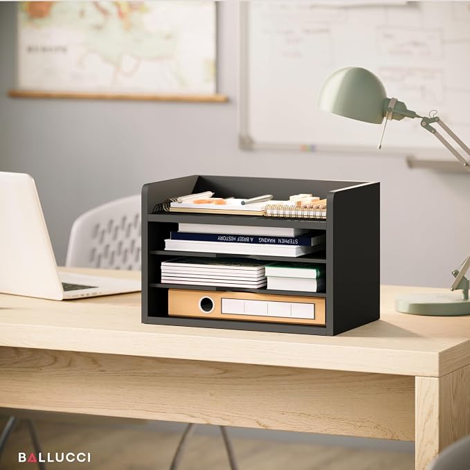 Ballucci File Organizer, 4-Tier Office Desk Organizer, Open Top Wood Paper - Image 6