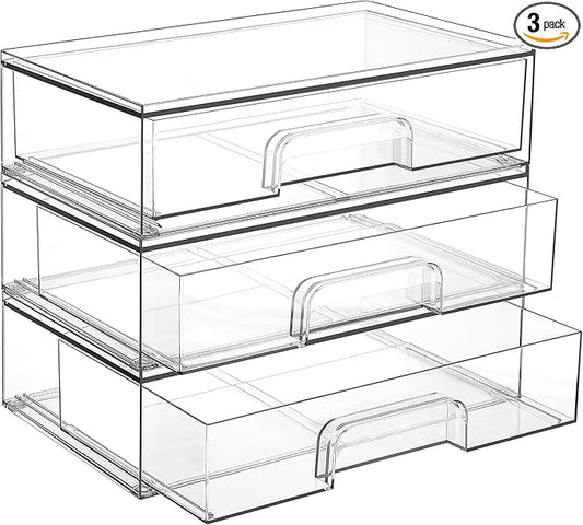 Vtopmart 12.1''W Clear Stackable Storage Drawers,3 Pack Acrylic Plastic Organizers Bins for Makeup Palettes, Cosmetics, and Beauty Supplies,Ideal for Vanity, Bathroom,Cabinet,Desk Organization-DeskLoop Office