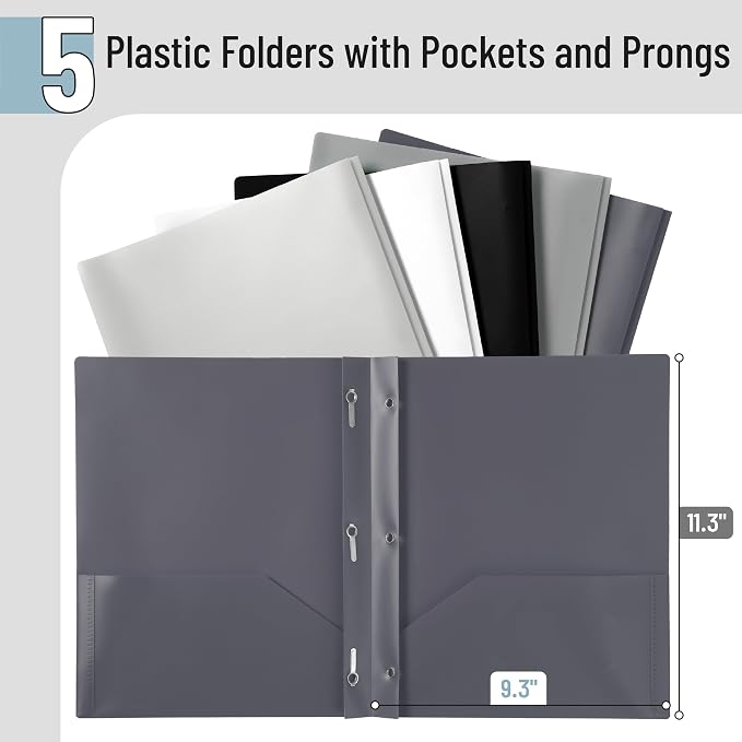 Mr. Pen- Plastic Folders with Pockets and Prongs, 5 Pack, Letter Size | - Image 2