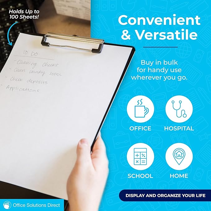 Black Plastic Clipboards (Set of 6) Multipack - 12.5x9 Inch Clipboard Holds 100 Sheets, Low Profile | Colored Acrylic Clip Boards in Bulk for Kids & Professionals