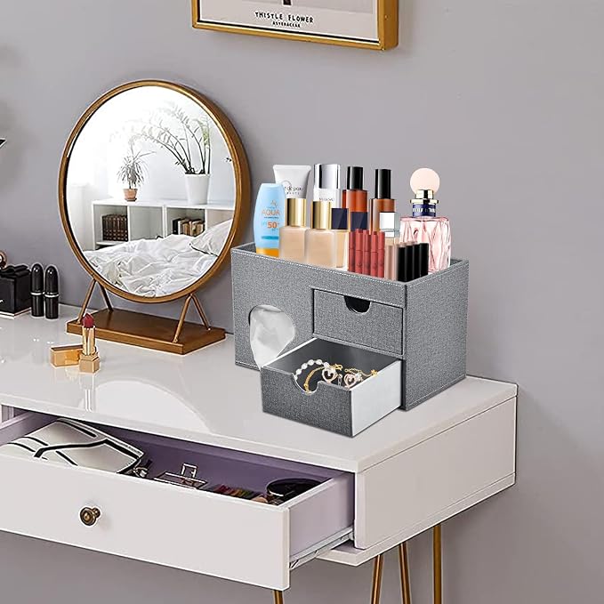 Square Tissue Box Cover with Drawers, Tissue Box Holder with Storage Tray - Image 2