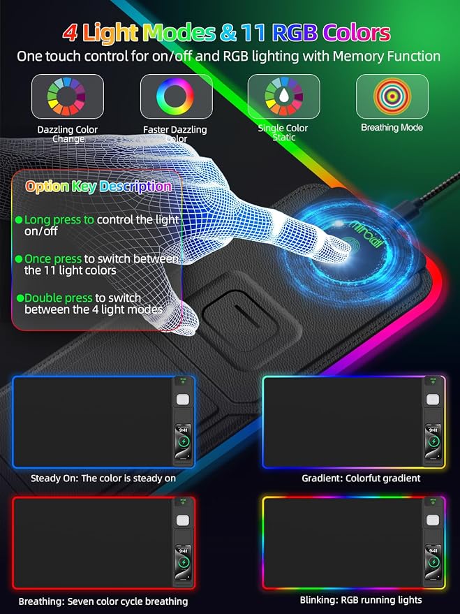 Mouse Pad with Foldable Phone Holder & Wireless Charger, XXL RGB Gaming - Image 4