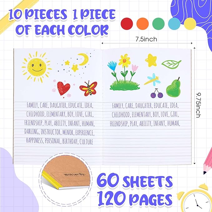 Henoyso 10 Pcs 120 Pages Primary Composition Notebooks K-2, Primary Journal Grades K-2, Writing Journal Practice Notebook for Kids in Preschool, Kindergarten, Back to School Supplies (Rainbow)-DeskLoop Office