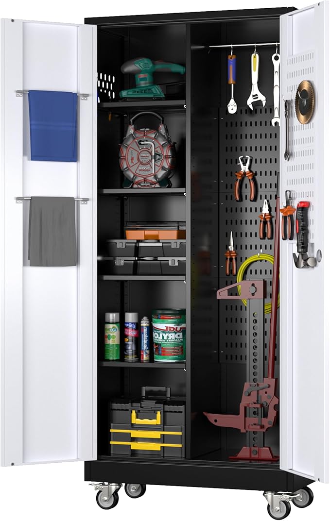 Garage Storage Cabinet with Wheels, Metal Tool Cabinet with Pegboards and 4 Adjustable Shelves, Garage Storage System with Lockable Door for Shools, Offices, Gyms and Pantries, Black and White-DeskLoop Office