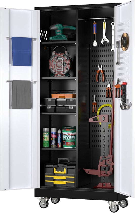 Garage Storage Cabinet with Wheels, Metal Tool Cabinet with Pegboards and 4 Adjustable Shelves, Garage Storage System with Lockable Door for Shools, Offices, Gyms and Pantries, Black and White-DeskLoop Office