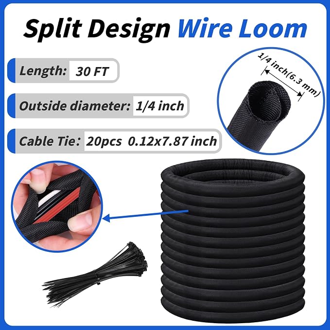 30FT Split Braided Sleeve Cable Management, 1/4 Inch Wire Loom Tubing Cord - Image 2