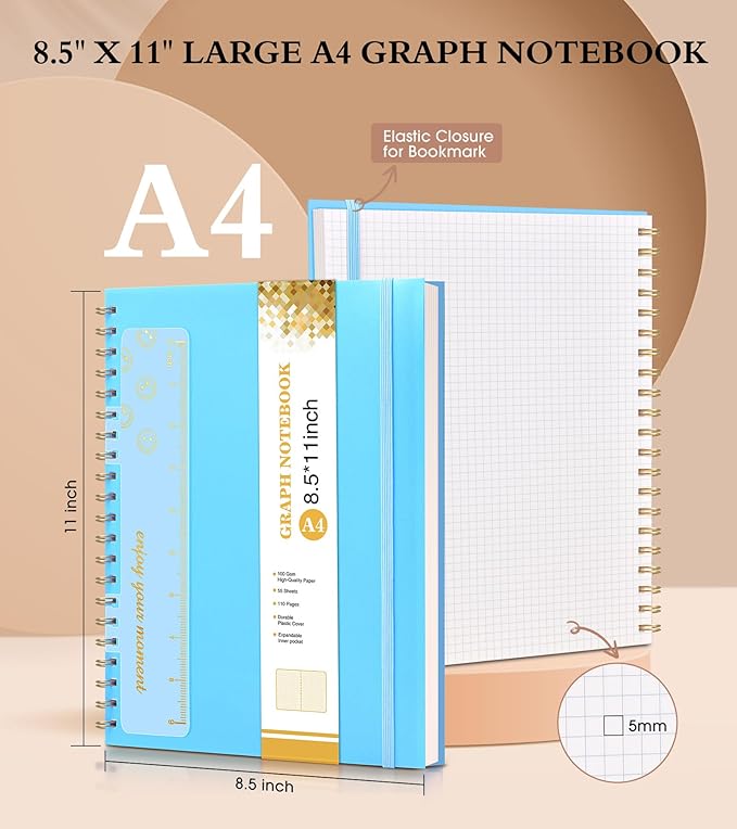 Graph Paper Notebook, Spiral Notebook Journal 8.5” x 11”, A4 Large Grid Notebooks for Women Men, 100 GSM Graph Paper, Plastic Hardcover Spiral Graphing Journals for Work School Engineerin, Blue-DeskLoop Office