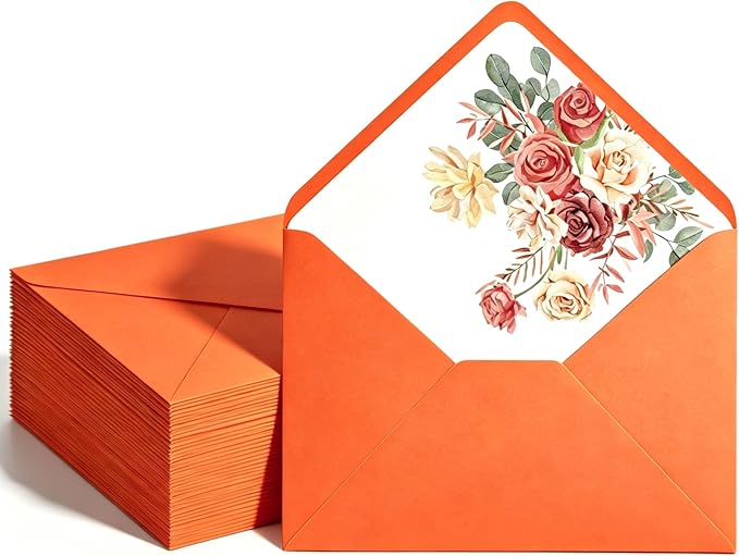 50 Pcs Bright Orange Envelopes Floral Pattern 150gsm 5x7 Envelopes by Partiazy