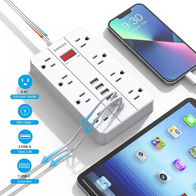 Flat Plug Extension Cord 15 Ft, SMNICE Surge Protector Power Strip with 8 Widely Spaced Outlets and 6 USB(1USB C) Ports, Wall Mount Long Charging Station for Dorm Home, Office Accessories, White-DeskLoop Office