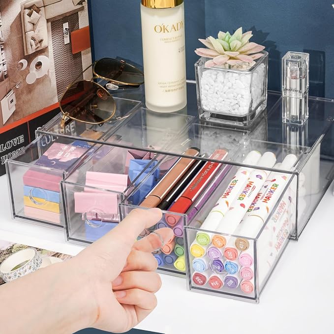 Desk Organizer with 4 Drawers, FODIENS Stackable Desktop Storage Box with - Image 2