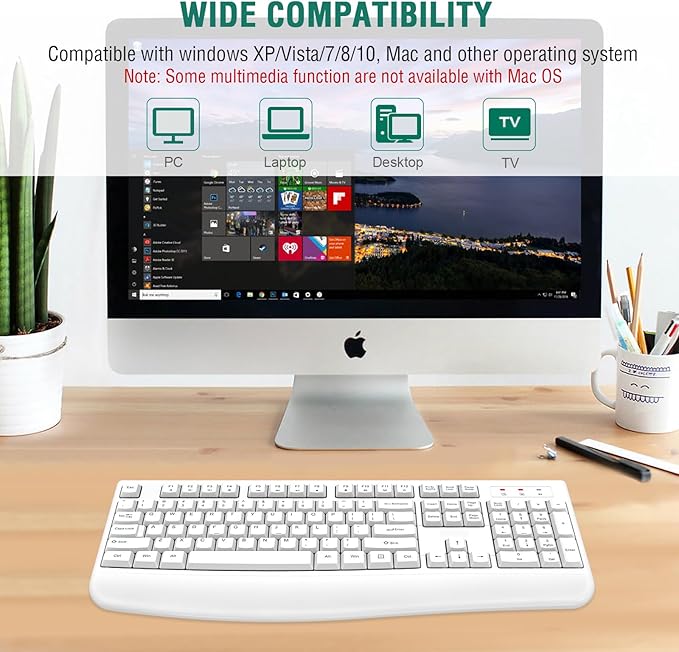 EDJO Wireless Keyboard, 2.4G Ergonomic Full Size Wireless Computer Keyboard with Wrist Rest for Windows, Mac OS Desktop/Laptop/PC（White）-DeskLoop Office