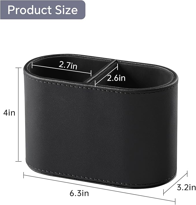 PU Leather Pen Holder for Desk, Small Remote Control Holder Pencil Cup Multifunctional Desktop Organizer Caddy for Home School Office Desk Accessories - 2 Compartments (Black)-DeskLoop Office