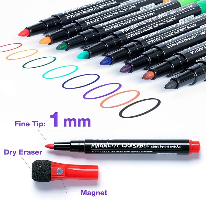 JR.WHITE Fine Tip Dry Erase Markers 8 Pack, Magnetic Dry Erase Markers - Image 2