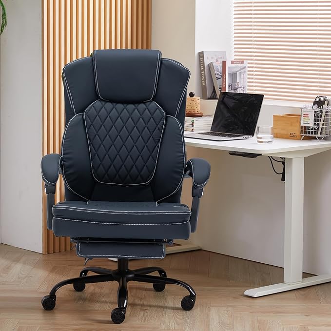 Ergonomic Office Chair with Foot Rest, Executive Chair with Footrest PU Leather Computer Chair, Big and Tall Chair Reclining Desk Chair, Thick Padded Coil Spring Seat, 400 lbs Capacity (Black)-DeskLoop Office