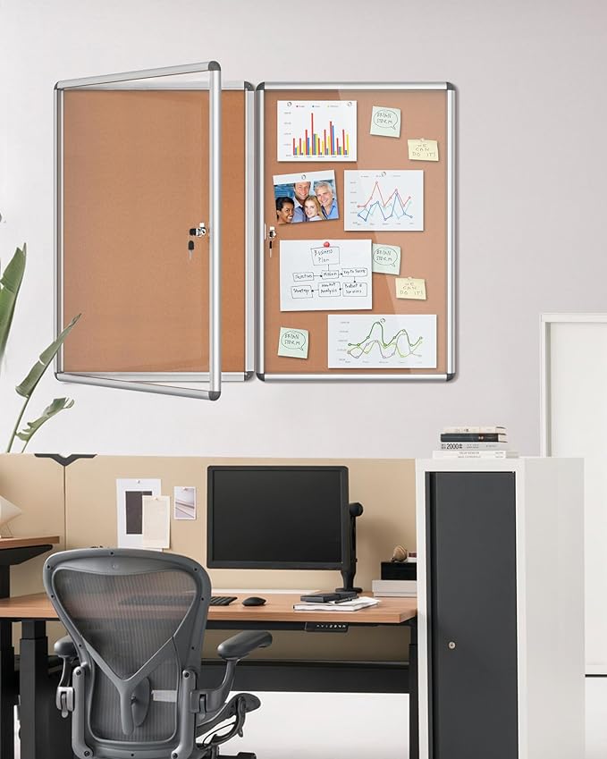 2 Pack 36"x24" Enclosed Bulletin Board, Lockable Weather-Resistant Aluminum Cork Noticeboard for School & Office, Silver Frame w/Cork-DeskLoop Office