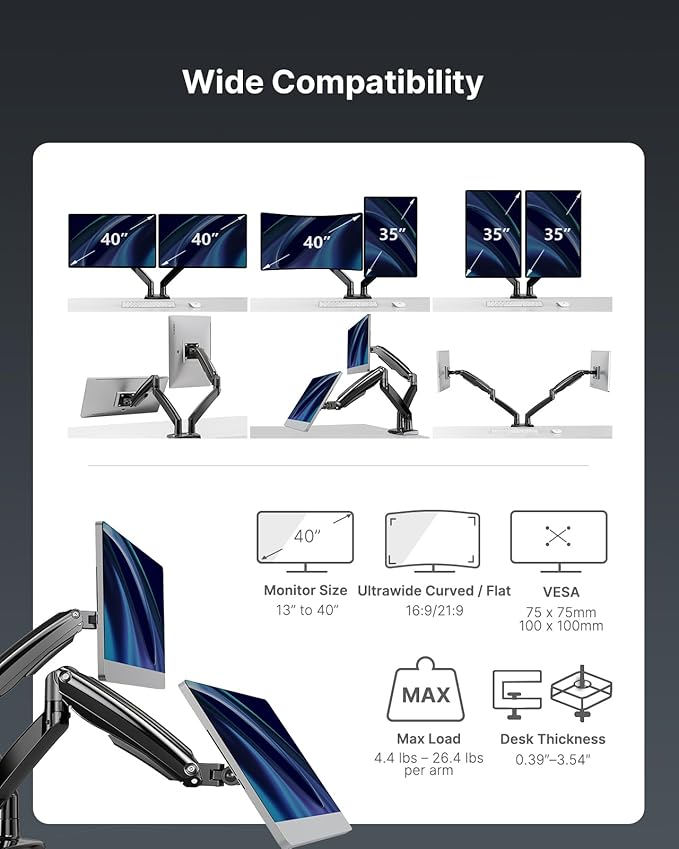 HUANUO Dual Monitor Stand for 13 to 40 inch, Premium Dual Monitor Mount with USB, Height Adjustable Monitor Stand for 2 Monitors, VESA Mount with Clamp/Grommet Base, Each Arm Hold up to 26.4lbs, HNDS7-DeskLoop Office