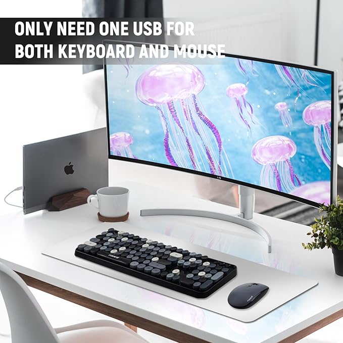 FOPETT Wireless Keyboard and Mouse Combo - 2.4G Full-Sized Cute Colorful Retro Keyboard with Round Keycaps 104 Keys Typewriter Keyboard for Laptop/Windows/PC - Grey Colorful-DeskLoop Office
