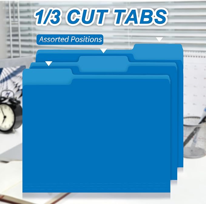 VZCPYTPM 100 Packs Blue File Folder, 1/3-Cut Tabs, Heavy Duty Paper File - Image 3