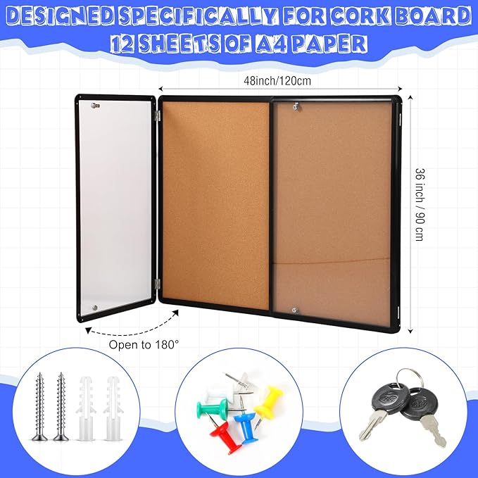 Enclosed Bulletin Board 48" x 36" Weather Resistant Lockable Notice Cork Display Board Wall Mounted 2 Locking Door for School Classroom Commercial Back to School, 12 x A4(Brown, Black Frame)-DeskLoop Office