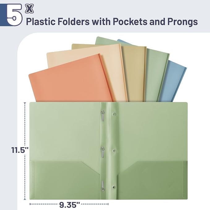 Mr. Pen- Plastic Folders with Pockets and Prongs, 5 Pack, Letter Size | Pocket - Image 2