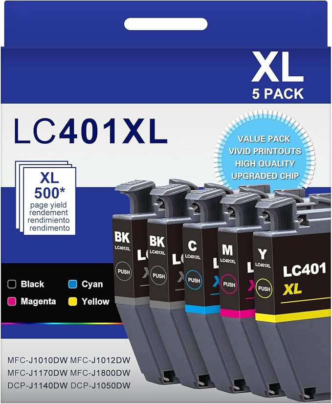 LC401XL LC401 High Yield MFC-J1010DW Ink Cartridges 5-Pack Compatible for Brother 401XL LC-401 Ink Cartridges Work with MFC-J1010DW MFC-J1170DW MFC-J1012DW MFC-J1800DW (2 Black, 1 Cyan Magenta Yellow)-DeskLoop Office