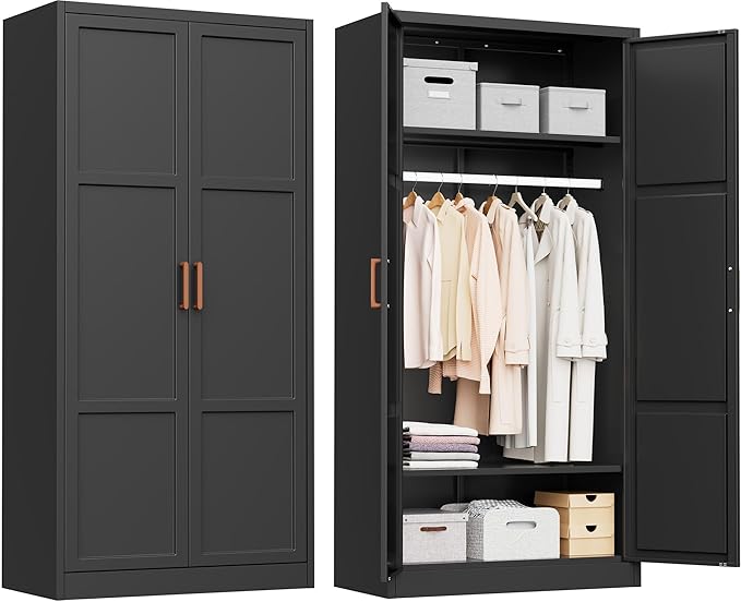 INTERGREAT Metal Storage Cabinet with Hanging Rail, Black Armoire Wardrobe Closet with 2 Doors,72" H Storage Closet Cabinets with Adjustable Shelves and Removable Hanging Rods-DeskLoop Office