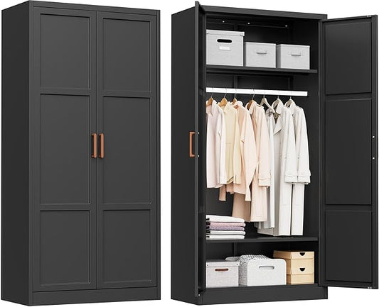 INTERGREAT Metal Storage Cabinet with Hanging Rail, Black Armoire Wardrobe Closet with 2 Doors,72" H Storage Closet Cabinets with Adjustable Shelves and Removable Hanging Rods-DeskLoop Office