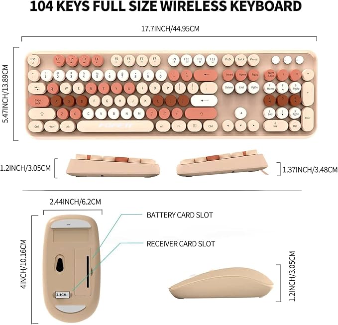 FD Wireless Keyboard and Mouse Combo | Cute Colorful Keyboard and Mouse with 2.4GHz Cordless Retro Typewriter Keyboard | Auto-Sleep | USB Receiver for Windows PC/Laptop - Creamy Colorful-DeskLoop Office